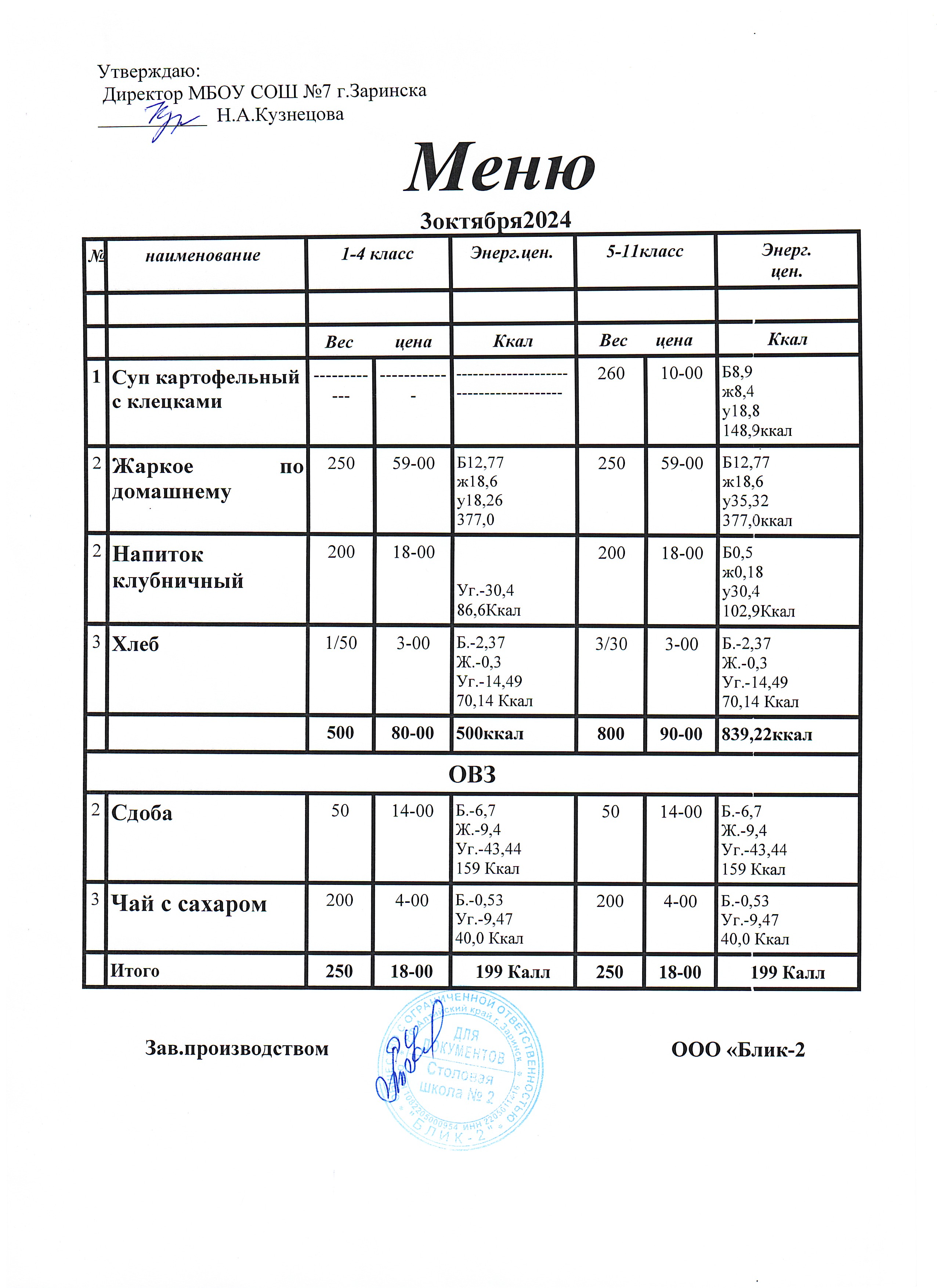 Меню на 03.10.2024.